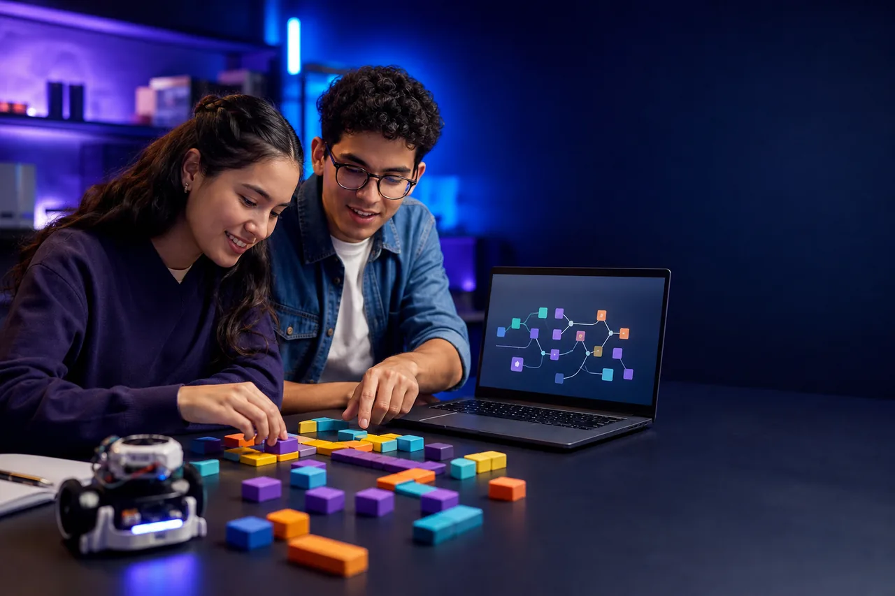 Dos estudiantes construyendo un algoritmo con bloques de colores y una computadora