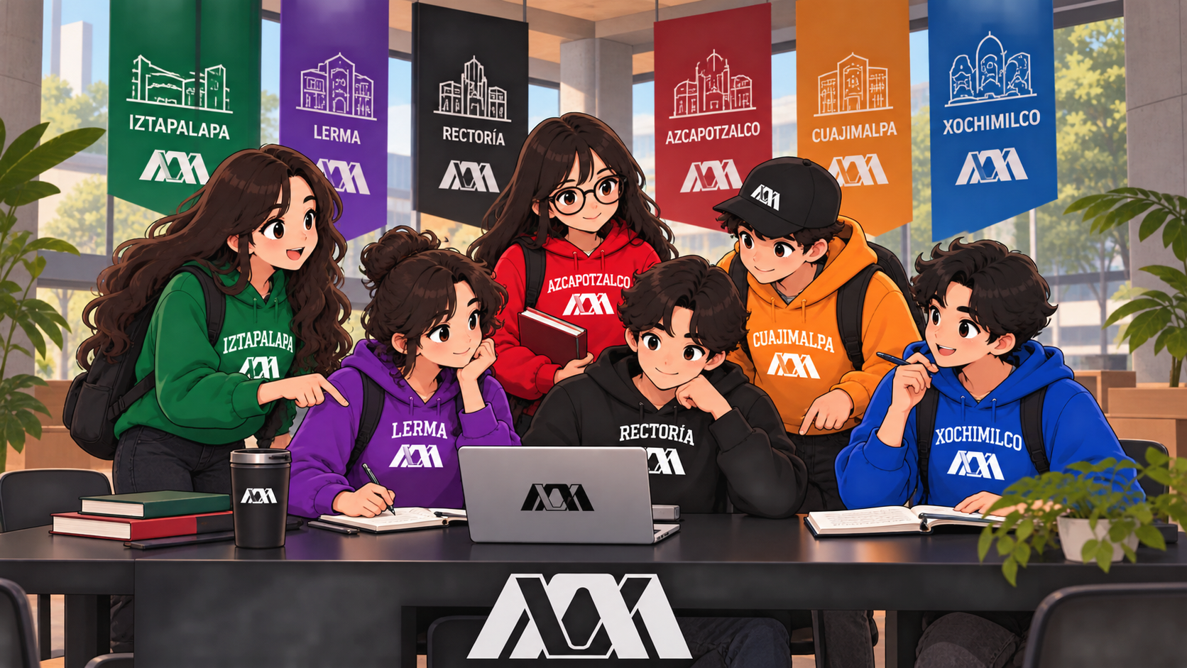 Ilustración de estudiantes de la comunidad UAM compartiendo un espacio de aprendizaje